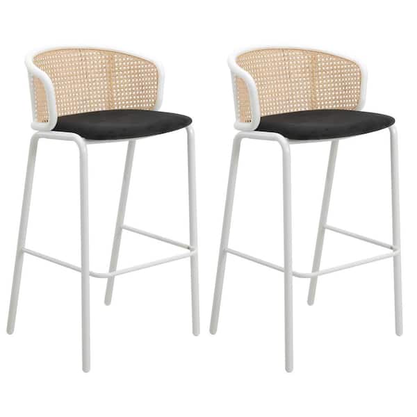 Leisuremod Ervilla Modern Wicker Bar Stool with Fabric Seat and White Powder Coated Steel Frame, Set of 2 (Black)