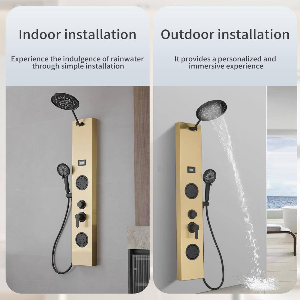 Gold and Black Stainless Steel Shower Panel System with Rainfall Shower Head