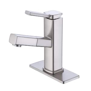 Single Handle Single Hole Bathroom Faucet with Pull Out Sprayer and Rotating Spout in Brushed Nickel