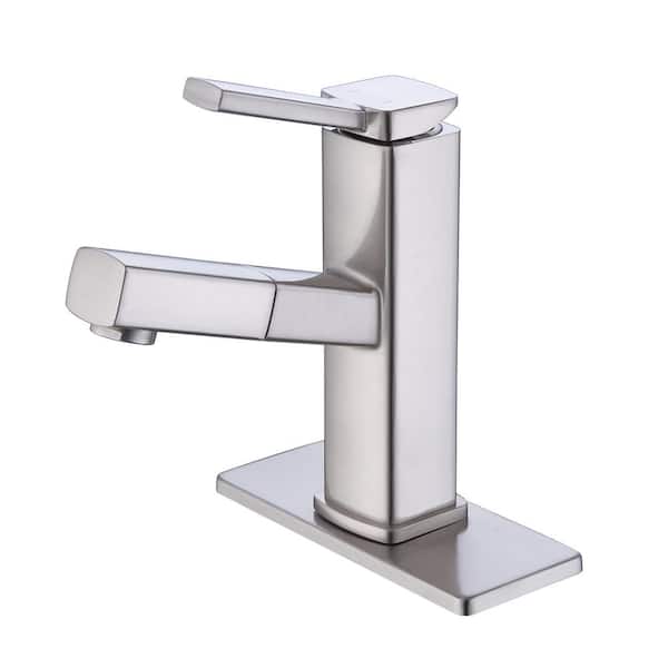 Lukvuzo Single Handle Single Hole Bathroom Faucet with Pull Out Sprayer and Rotating Spout in Brushed Nickel