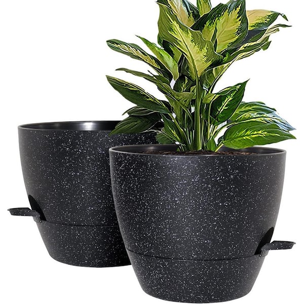 ITOPFOX Modern 10 in. L x 10 in. W x 7.3 in. H Speckled Black Plastic Round Indoor Planter (2-Pack)
