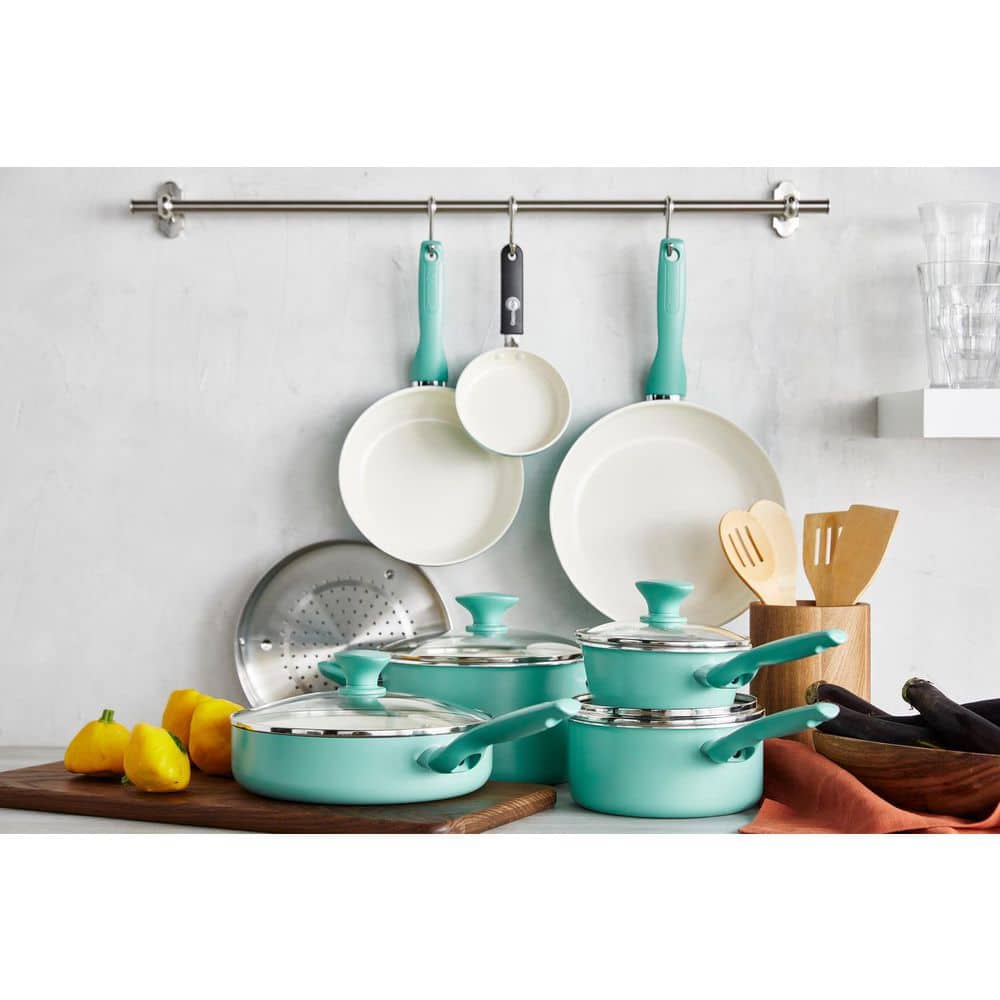 Turquoise Aluminum Non-Stick 16-Piece Cookware Set