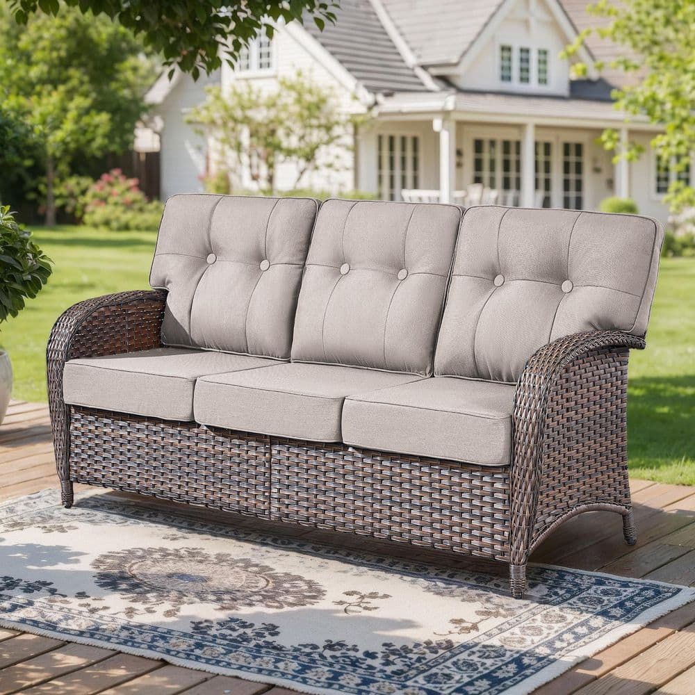 T-Frame 3-Seat Brown PE Wicker Outdoor Couch with Olefin Beige 5 in. Thick Cushions/Patio Sofa Furniture price history on PriceWatchPro