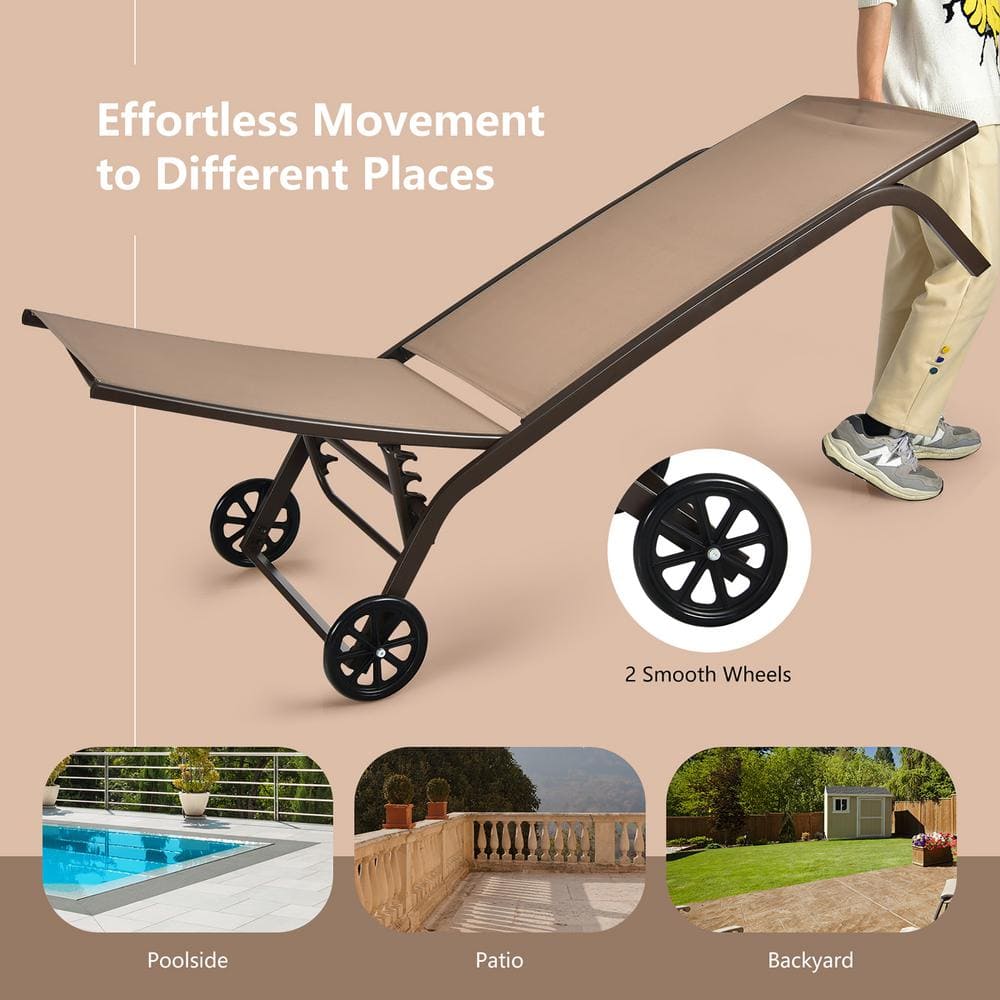 Brown Steel Adjustable Outdoor Chaise Lounge Chairs with Wheels