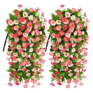 23 in. Pink Artificial Hanging Flowers, Fake Plant Hanging Multicolor Daisy Flower Bouquet, 2-piece