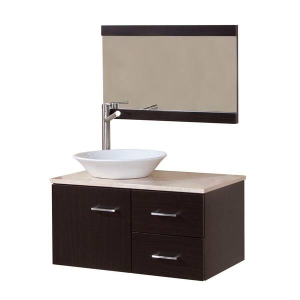 St. Paul Sicilly 30-1/2 in. W Vanity in Ebony with Natural Stone Vanity Top in Travertine and Wall Mirror