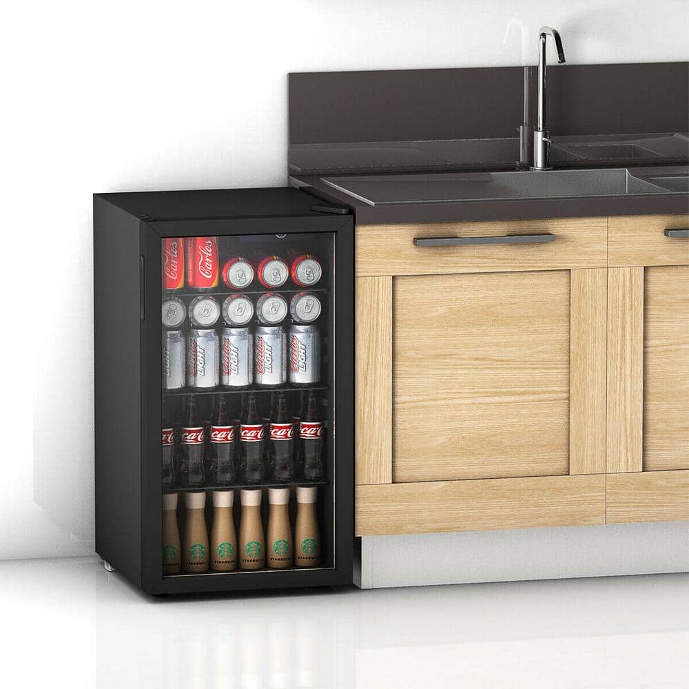 Compact Black 120-Can Beverage Refrigerator with Glass Door