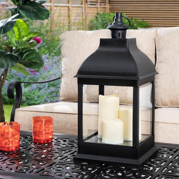 LumaBase Battery Operated Metal Lantern with LED Candle - Black Window (17  inches) 