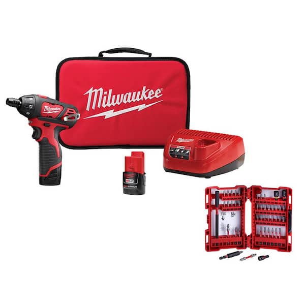 Milwaukee - M12 12V Lithium-Ion Cordless 1/4 in. Hex Screwdriver Kit with SHOCKWAVEDriver Bit Set (45-Piece)