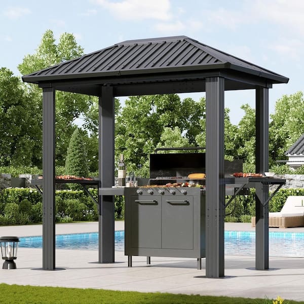 8 ft. x 5 ft. Outdoor Galvanized Steel BBQ Gazebo, Aluminum Frame with Bar Counter and Ceiling Hooks, Wind-Resistant