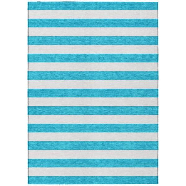 HomeRoots Teal Blue, White 9 ft. x 12 ft. Woven Striped Polyester Rectangle Indoor / Outdoor Area Rug