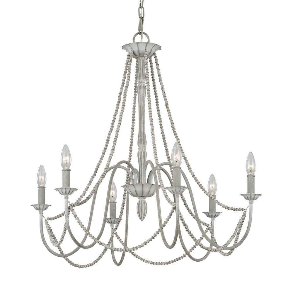 Elegant Washed Grey Wood Bead 6-Light Outdoor Chandelier