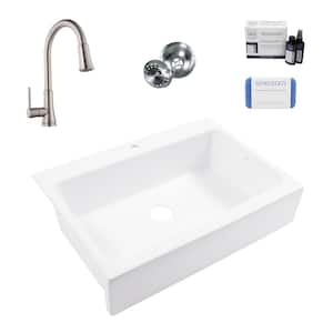 Josephine 34 in 1-Hole Quick-Fit Farmhouse Apron Front Drop-in Single Bowl White Fireclay Kitchen Sink with Faucet Kit