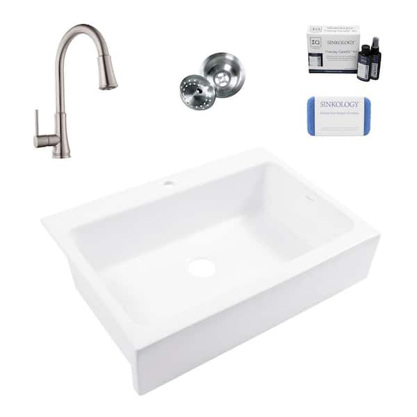 SINKOLOGY Josephine 34 in 1-Hole Quick-Fit Farmhouse Apron Front Drop-in Single Bowl White Fireclay Kitchen Sink with Faucet Kit