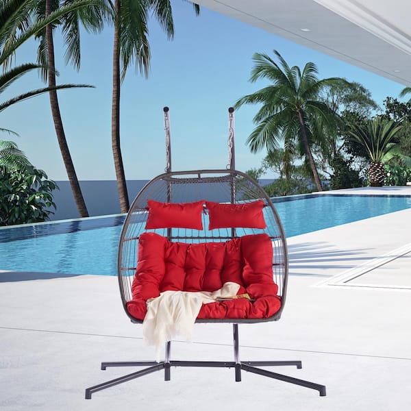 Cesicia 2 Person Gray Wicker Porch Egg Swing Chair with Red Cushion and Stand