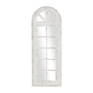 53 in. x 20 in. Window Pane Inspired Arched Framed White Wall Mirror with Arched Top and Distressing