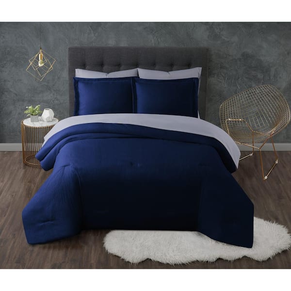 TRULY CALM Antimicrobial 7-Piece Navy Seersucker Microfiber King Comforter Set