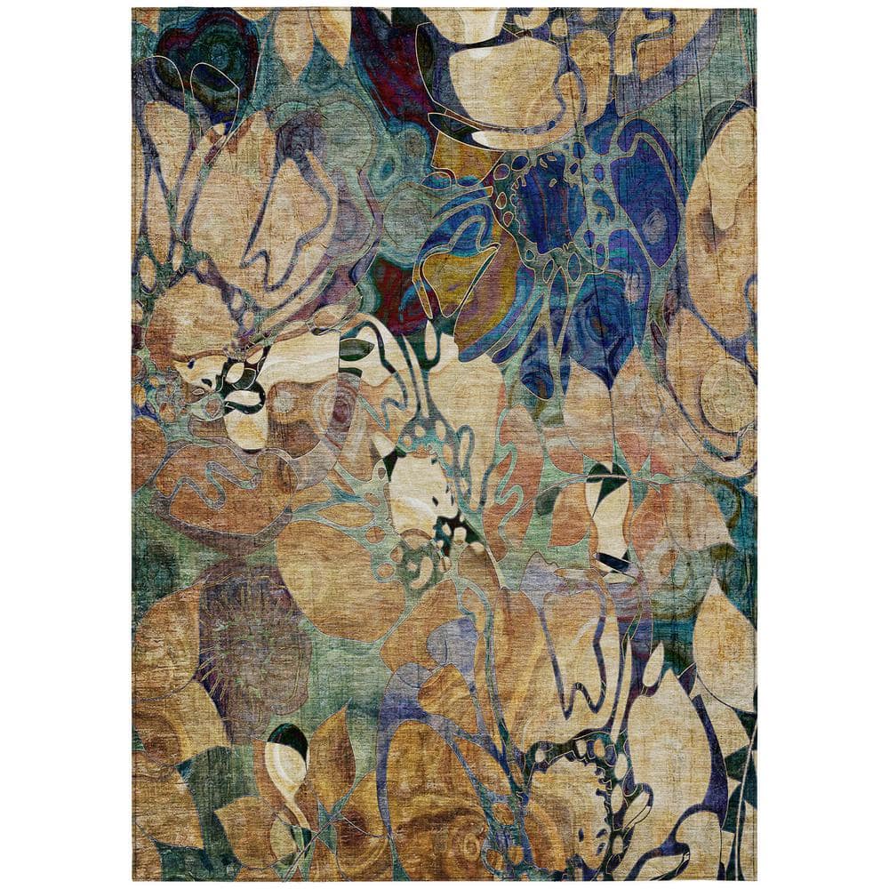 Beige and Multicolor Floral Synthetic 5' x 7' Area Rug