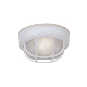 Round 1-Light White Outdoor Ceiling Mount Bulkhead Fixture with Ribbed Frosted Glass Shade