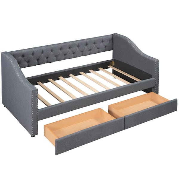 Gray Wood Frame Twin Size Upholstered Daybed with 2-Drawer Tufted Back Notched Arms with Nailhead Trim