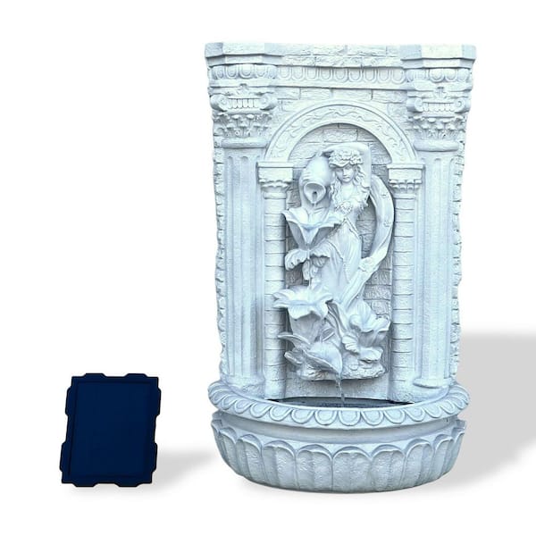 30.3" Solar-Powered Resin Outdoor Wall Fountain with Flower Maiden Statue, Antique Stone Waterfall Fountain