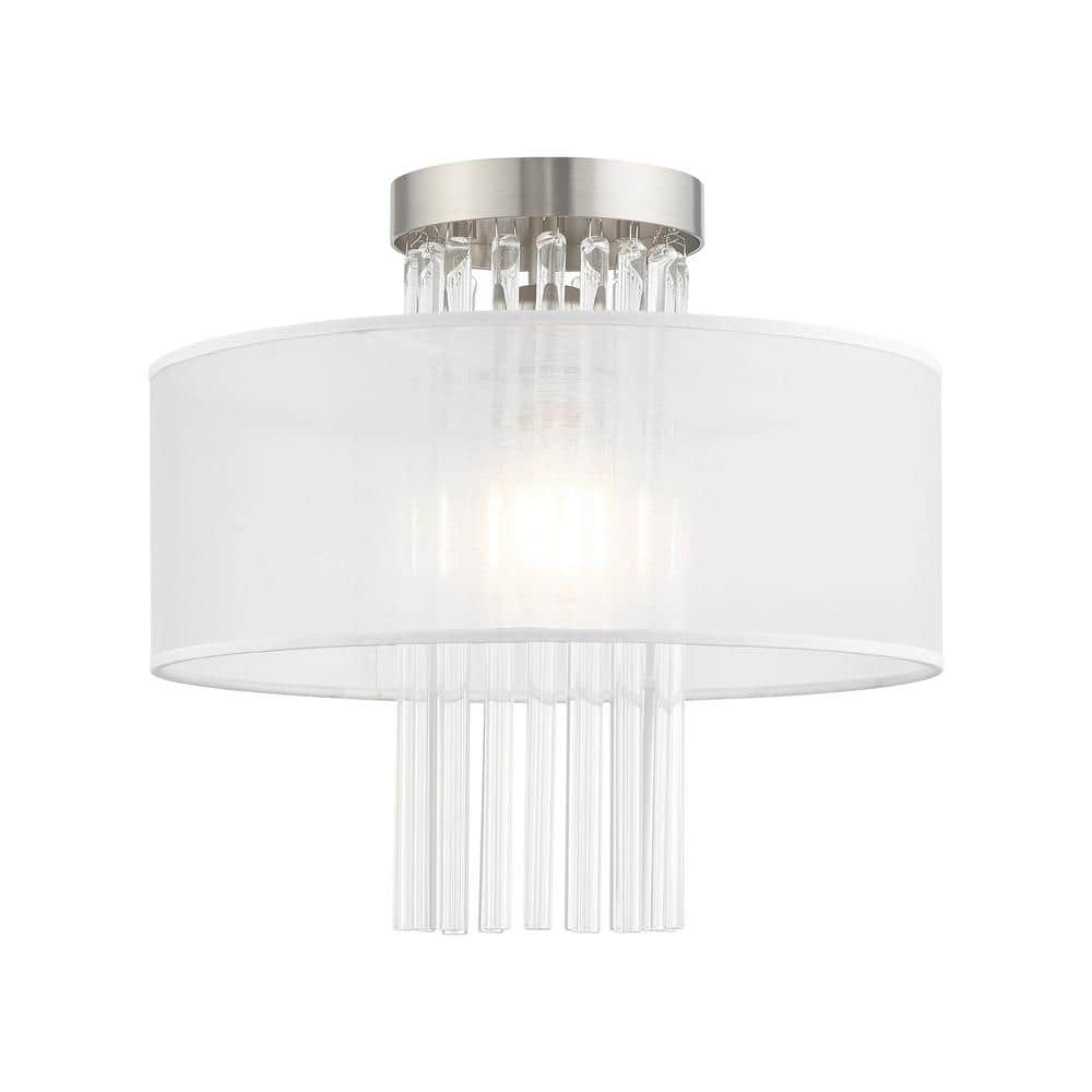 Ellyridge 13 in. 1-Light Brushed Nickel Semi Flush Mount with Translucent Fabric shand and Clear Crystal Rods price history on PriceWatchPro