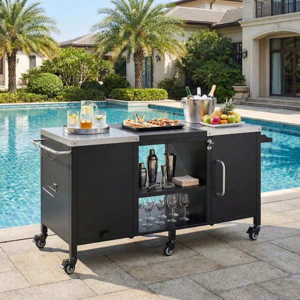 Black Fold-out Prep Table 72.4  in. Outdoor Kitchen Island with Adjustable Shelves and Spice Rack