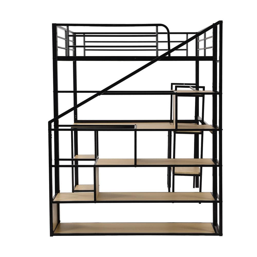Full Size Black Metal Loft Bed with Desk and Storage Shelves