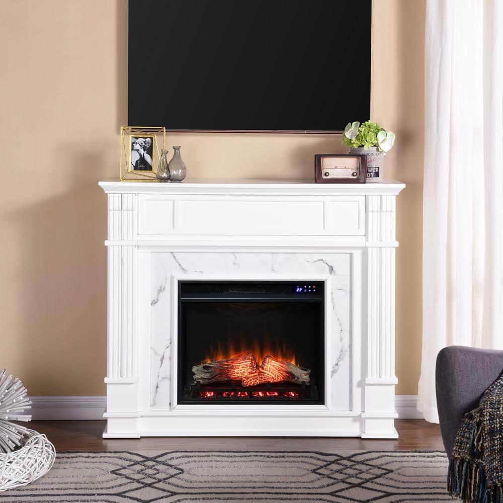 Southern Enterprises Crellam 48 in. Touch Panel Electric Fireplace in White with Gray Veined White Faux Marble -  HD053714