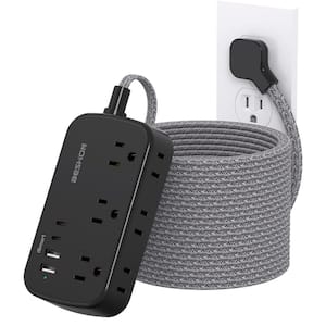 25-Ft. Flat Plug Power Strip Extension Cord with 6 Outlets, 4 USB Ports (2 USB-C), No Surge Protector, Wall Mount, Black