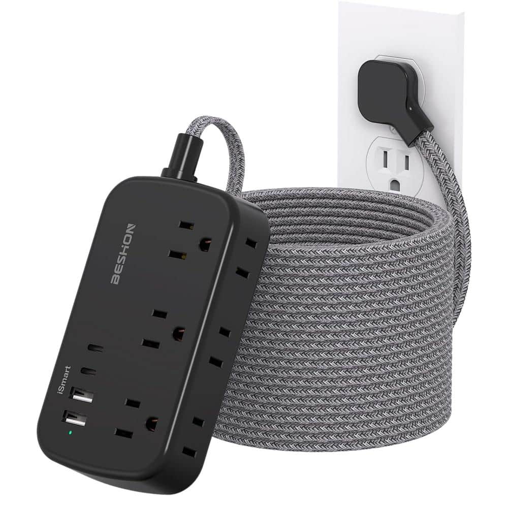 25 ft. Flat Plug Power Strip Extension Cord with 6 Outlets, 4 USB Ports (2 USB-C), No Surge Protector, Wall Mount, Black price history on PriceWatchPro