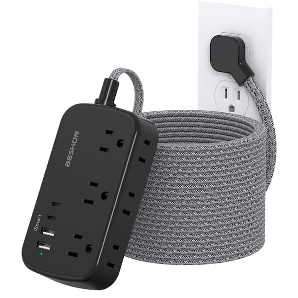 25 ft. Flat Plug Power Strip Extension Cord with 6 Outlets, 4 USB Ports (2 USB-C), No Surge Protector, Wall Mount, Black