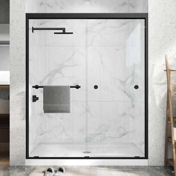 67-72 in. W x 72 in. H Sliding Framed Shower Door in Matte Black with Clear Tempered Glass