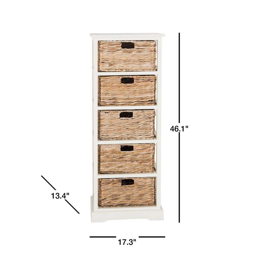 Coastal Breeze White Pine 5-Drawer Wicker Basket Storage Tower