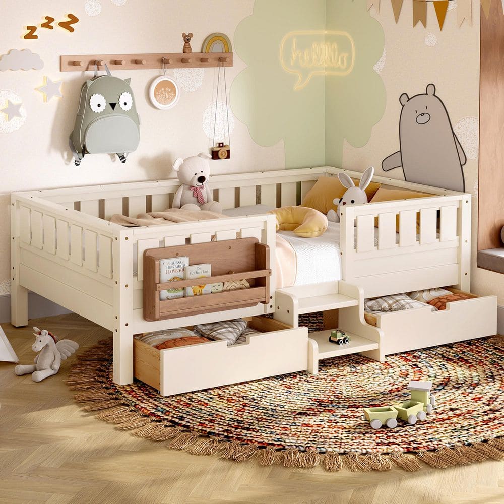 Beige Twin Size Kids Bed with Built-in Bookshelves and Storage Drawers