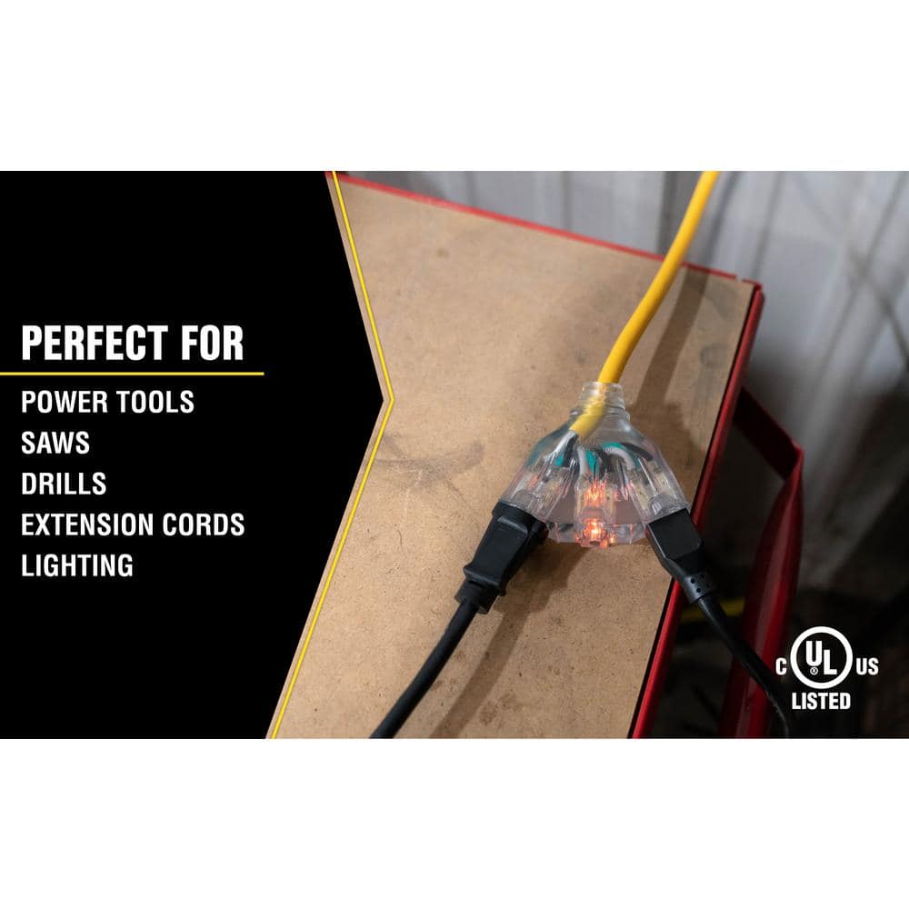 Yellow 2 ft. Triple Outlet Cord with GFCI and Lighted Power Block