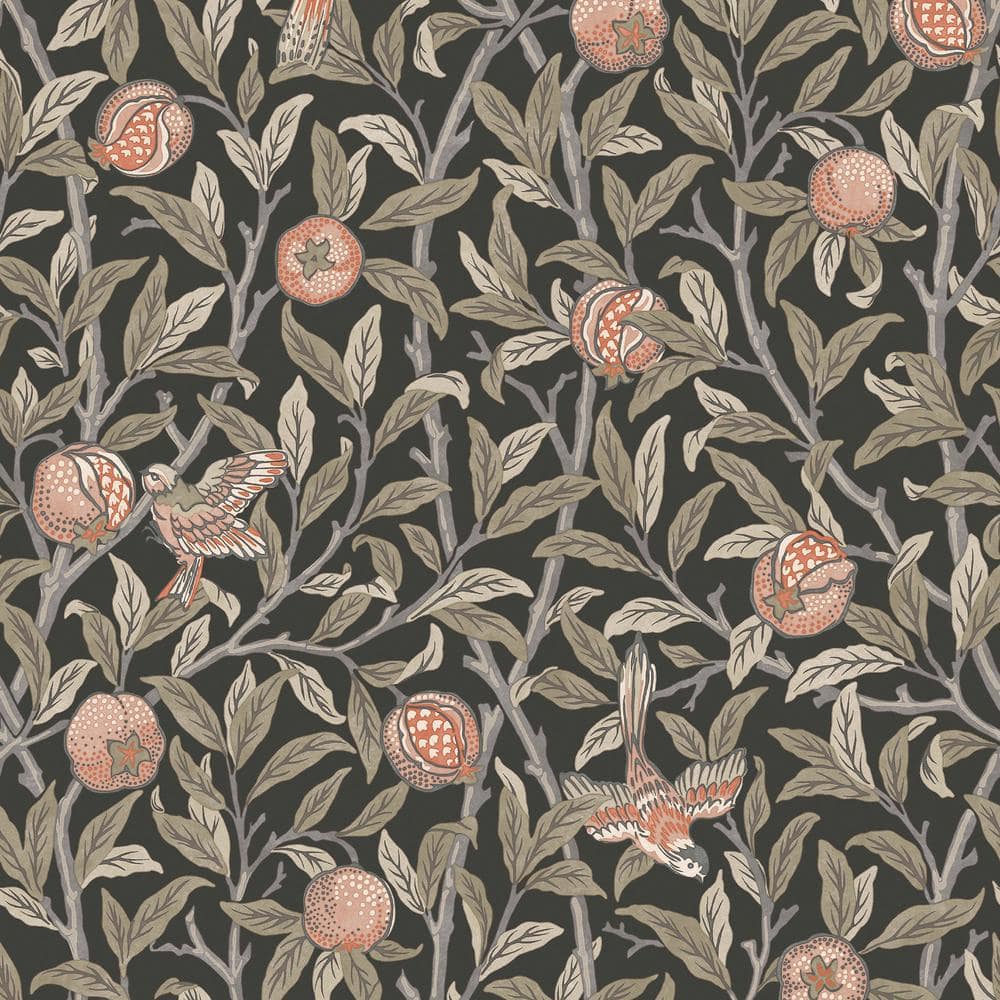 Bird and Pomegranate Charcoal Grey Wallpaper Sample