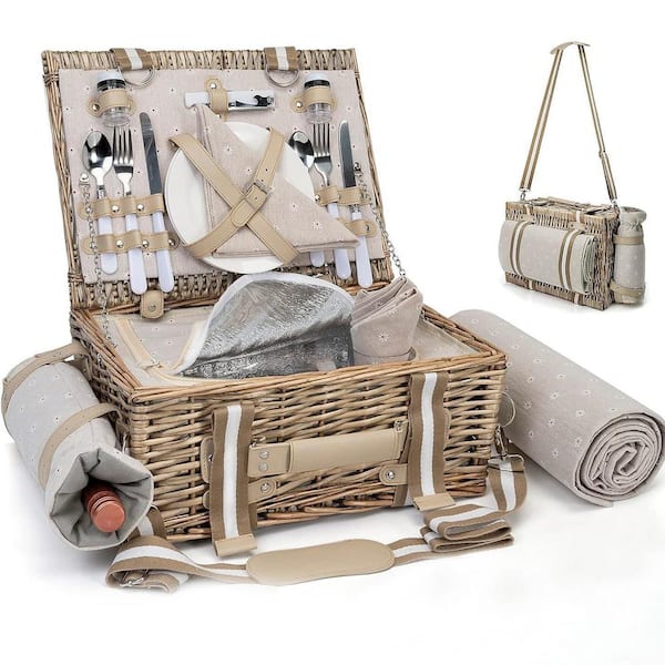 19-Piece Picnic Basket Set with Insulated Liner and Waterproof Blanket, Wine Pouch, Wicker Picnic Hamper for Camping
