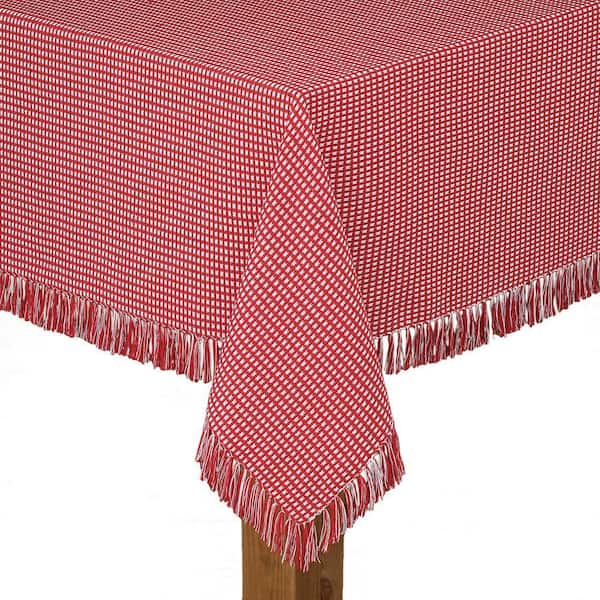 Homespun Fringed 70 in. Round Red Checkered 100% Cotton Tablecloth
