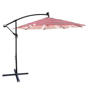 10 ft. Steel Cantilever Solar Powered LED Lighted Patio Umbrella in Red striped