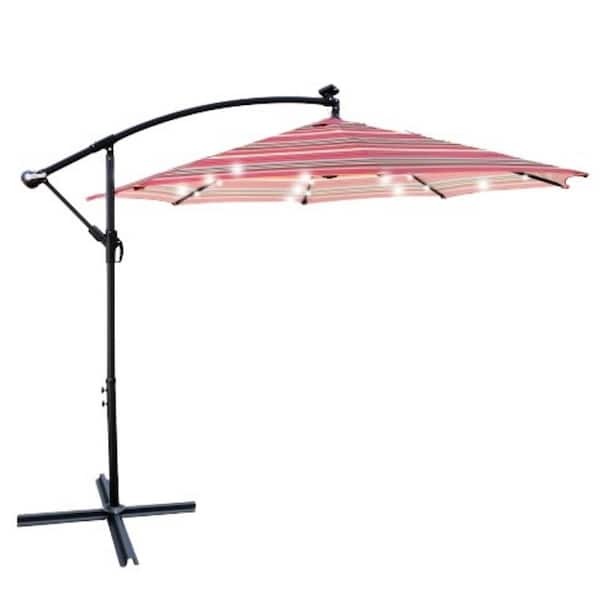 ITOPFOX 10 ft. Steel Cantilever Solar Powered LED Lighted Patio Umbrella in Red striped