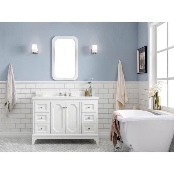 Water Creation Queen 48 in. Pure White With Quartz Carrara Vanity Top With Ceramics White Basins and Mirror