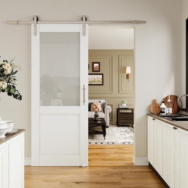 ARK DESIGN 32 in. x 80 in. 1/2 Lite Tempered Frosted Glass White Primed MDF Sliding Barn Door with Hardware Kit Nickel Plat