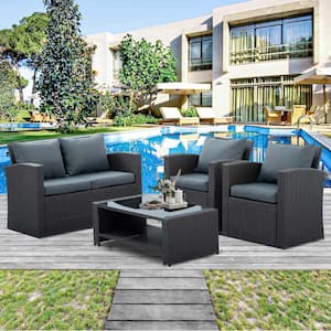 4-Piece PE Wicker Patio Conversation Set with Grey Cushions