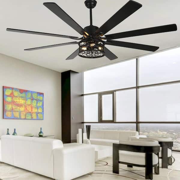 72 in. Indoor Standard Matte Black Farmhouse Caged Ceiling Fan with Lights and Remote, Downrod Reversible Ceiling Fan