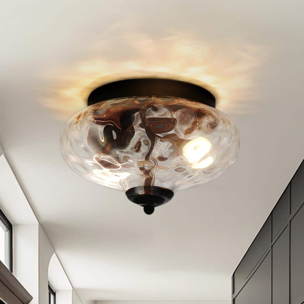 Lumin 9 in.Dia 2-Light Farmhouse Matte Black Flush Mount Empire Ceiling Light with Hammered Glass shade for Hallway price history on PriceWatchPro