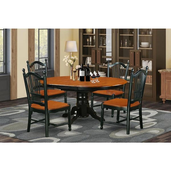 5-Piece Black and Cherry Finish Solid Wood Top Dining table with 4 Chairs with Lattice Back