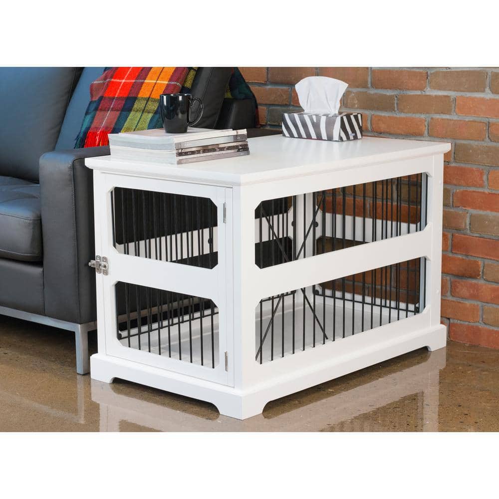 Modern White Slide-Aside Pet Crate & Side Table - Medium