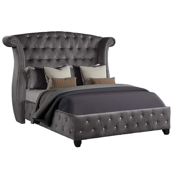 LUCKY ONE Lucky Start 85.50 in. W Gray 100% Polyester Upholstered Solid and Manufactured Wood Platform Bed Frame with Wingback