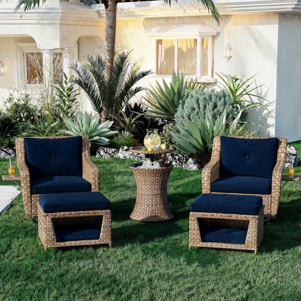 5-Piece Wicker Outdoor Patio Conversation Set with Navy Blue Cushions, Otto